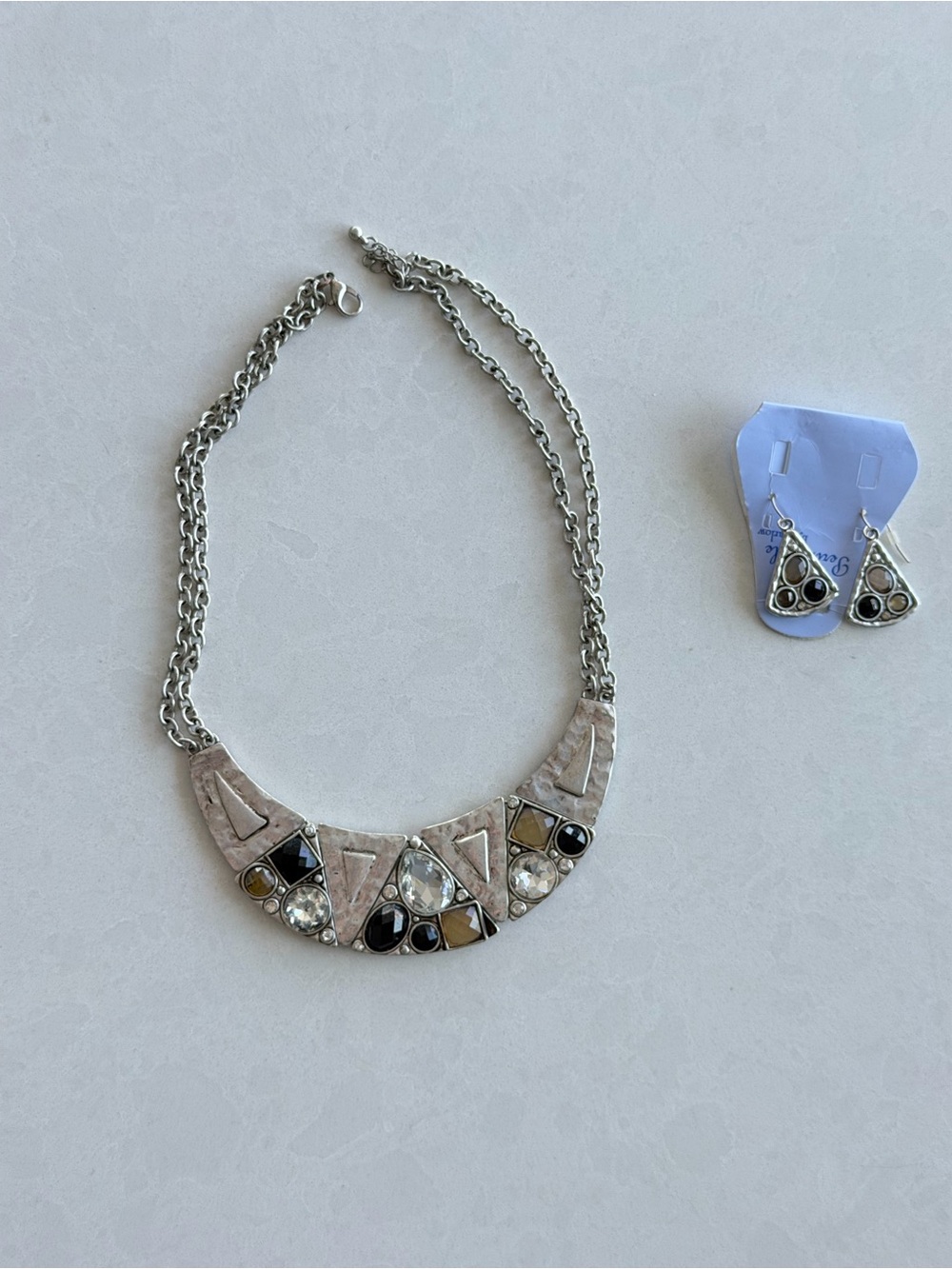 Silver Multi-Stone Statement Necklace with Matching Earrings